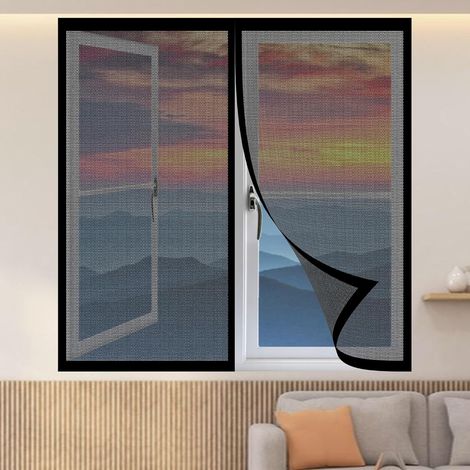Moustiquaire de Fenêtre 125 x 95 cm Rideau de Fenêtre pour Prévenir Facile à Installer Sans Perçage pour Portes et Fenêtres, Noir (1/5)