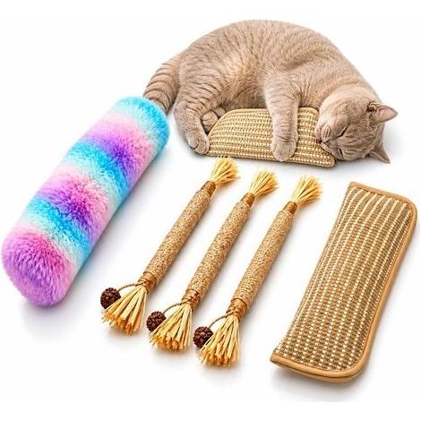 Chatterie DL Lot de 5 Jouets pour Chat – Coussin Grattoir à l’Herbe à Chat Naturelle, Sisal Naturel & Peluche Froissante – Jouets d’Intérieur à Mâcher, Griffer et Kicker Anti-Ennui, Nettoyage Dents (1/5)