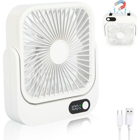 Ventilateur portable multifonction, avec cinq vitesses réglables, base magnétique, peut être branché, écran LED, convient pour cabine de bateau, pêche, chambre, blanc (1 pièce, blanc) (1/5)