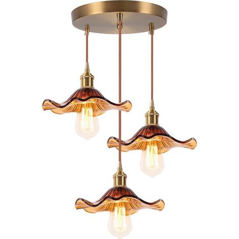 Plafonnier D'Intérieur Vintage Suspension Luminaire En Verre Lustre Rétro 3 Lumières Suspension Moderne Ambre (1/5)