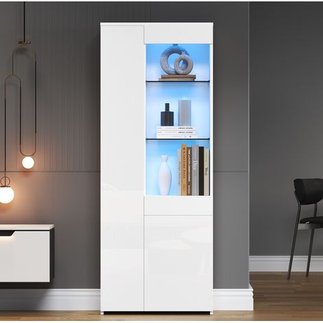 Vetrina con LED 70 x 35 x 180 cm, 2 ante, 1 cassetto, vetro temperato, bianco lucido DESVIAE (1/5)