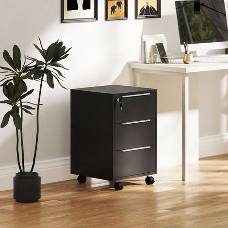 Caisson de bureau à roulettes avec 3 tiroirs et serrure, meuble rangement bureau sur roulettes, 40 x 40 x 63,5 cm, noir (1/5)