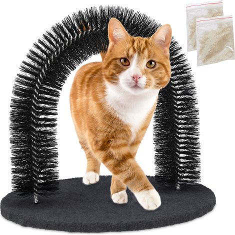 Relaxdays Enthaarungsbogen Katze, rund, mit Katzenminze, HxBxT: 34 x 36 x 28,5 cm, Fellpflegebogen mit Borsten, schwarz (1/5)