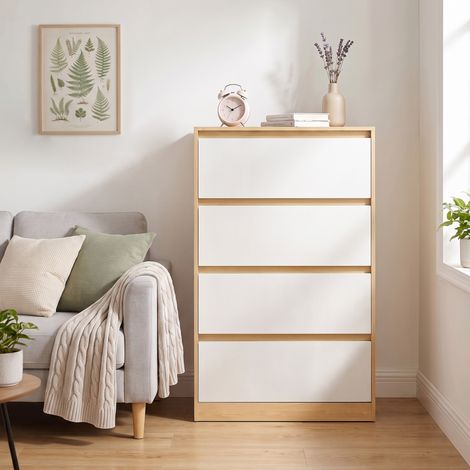 Commode 4 Tiroirs sans Poignée, Meuble de Rangement, 60 x 40 x 97,4 cm, Jaune et Blanc (1/5)