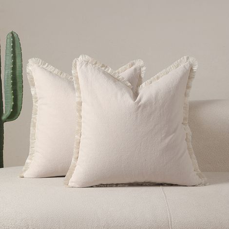 Set aus zwei dekorativen Leinenkissenbezügen mit Quasten im Boho- und Landhausstil, bequem (50 x 50 cm) – Beige (1/5)