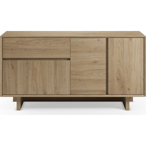 Buffet, commode rectangulaire avec 3 portes et 1 tiroir aspect bois coloris chêne - Longueur 146 x Profondeur 45 x Hauteur 76,5 cm (1/5)