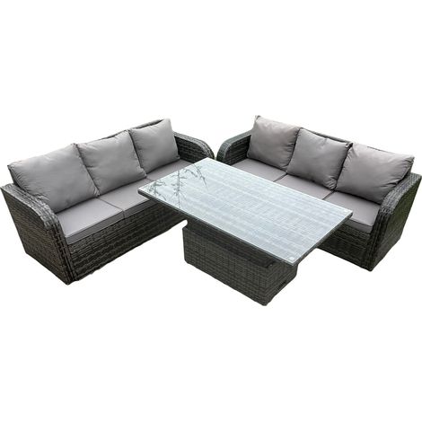 Fimous 6 personnes jardin salle à manger ensemble meubles en rotin extérieur canapé décontracté hauteur réglable table de levage ensemble gris foncé mix (1/5)