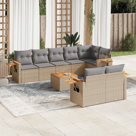 9-tlg. Garten-Sofagarnitur mit Kissen Beige Poly Rattan (1/3)
