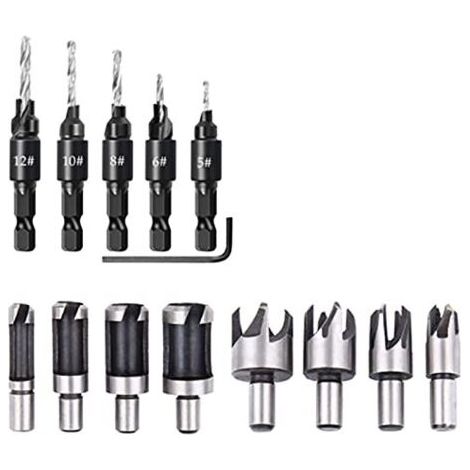 PA 14-teiliges Holzbearbeitungsbohrer-Set, Dübellochschneider, Senker, Bohrer mit fünf Schlitzen, Sechskantschlüssel, Schwarz und Silber (1/4)