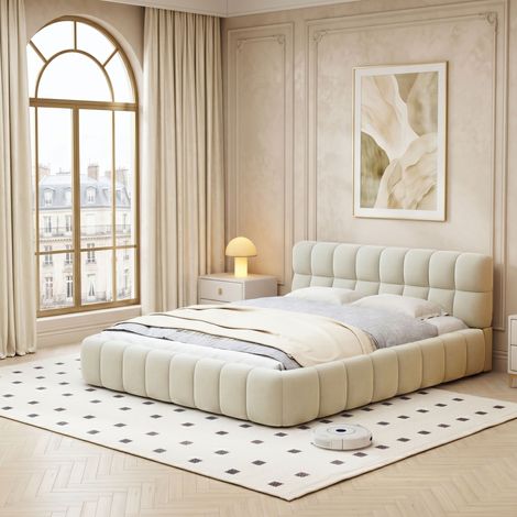 Lit rembourré 160x200 cm, Lit double avec Dossier Souple, lit Plat avec Bordure rembourrée, Sommier à lattes, Jugendbett, Leinen (Beige, 160x200 cm) (1/5)