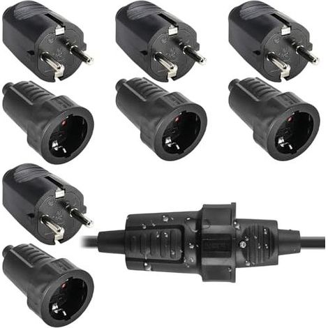4 paires de prises et fiches Schuko : fiche de sécurité 250 V 16 A IP54, ensemble de prise et fiche bipolaire en caoutchouc avec serre-câble, fiche Schuko étanche adaptée à une utilis (1/5)