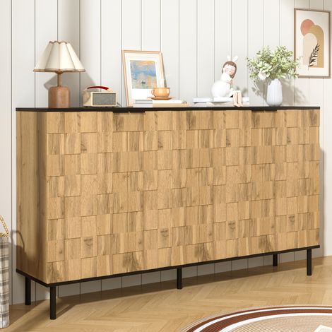 Buffet mosaïque 2 portes, meuble rangement salon entrée aspect bois avec pieds métal