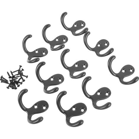 Lot de 10 patères murales noires à double crochet, style rétro, en alliage de zinc haute résistance, pour salle de bain et cuisine. (1/5)