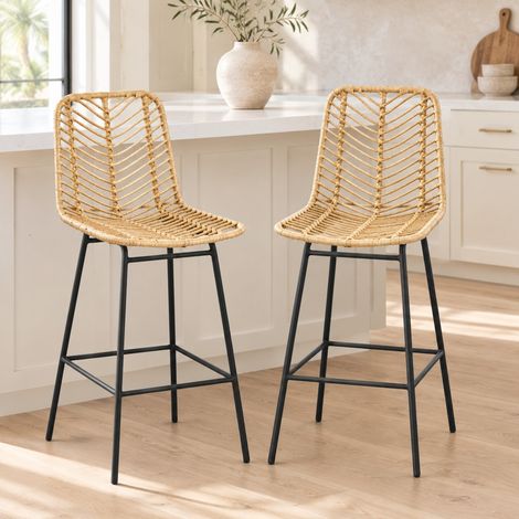Taburetes de bar con respaldo, lote de 2, ratán PE, 42,5 x 52 x 102 cm, amarillo y negro (1/5)