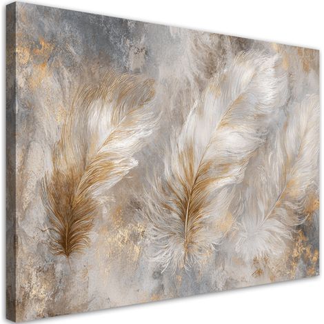 Quadro su tela, Piume di pampa in una composizione decorativa beige e oro. - 30x20 (1/2)