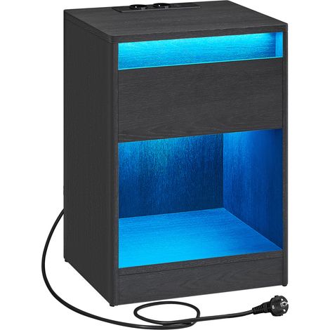 Vasagle – Table de chevet moderne avec tiroir – Multiprise intégrée 2 prises + 2 ports USB – Lumières LED réglables – Noir cendré – Dimensions 35x40x55cm (1/5)