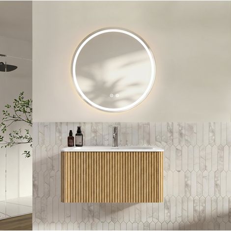 Ensemble meuble salle de bains suspendu 81 cm, vasque, miroir LED rond 80 cm, chêne OKWISH (1/5)