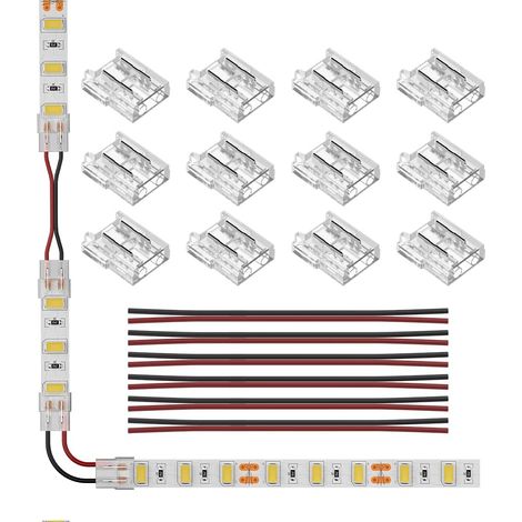Kit de Connecteurs de Ruban LED Connecteur d'angle LED 12 Pièces SMD 2 Broches 10mm Transparent sans Fil sans Soudure Board to Wire Connectors + 6 fils d'extension de 15cm de Long 20 AWG