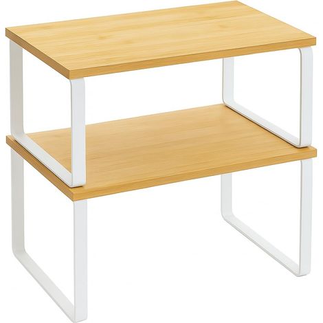 Étagère de cuisine empilable, lot de 2, organisateur de placard et comptoir, étagère de rangement en métal et bambou, blanc et bois naturel, économise de l'espace (1/5)
