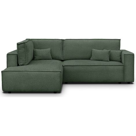 Canapé d'angle ouvert à gauche convertible 3 places en tissu bouclé vert foncé - Emma (1/5)