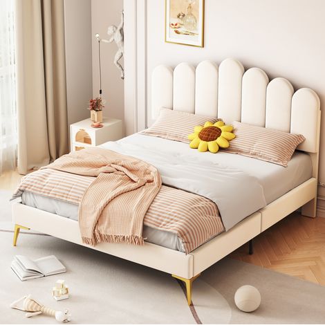 Letto matrimoniale 140 x 200 cm beige in velluto con testiera regolabile (1/5)