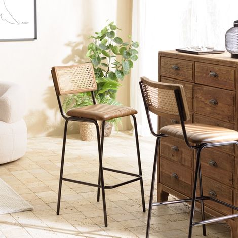 MARCEL - Lot de 2 tabourets de bar cuir et bois manguier / cannage (1/5)
