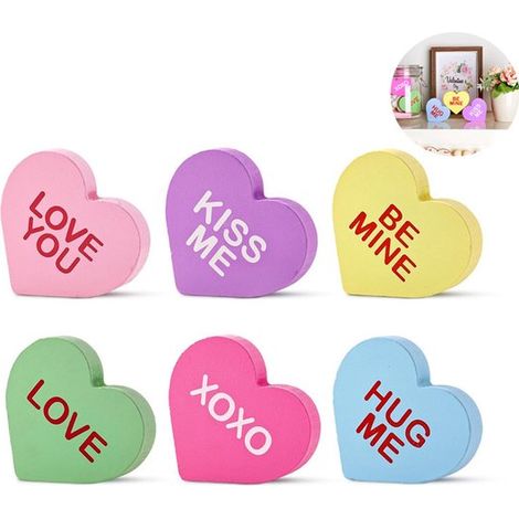 Set di decorazioni per San Valentino da 6 pezzi: decorazioni da tavola in legno a forma di cuore con motivo di caramelle, ornamenti in legno a forma di cuore, decorazioni da tavola a forma di cuore (1/5)