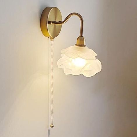 Vintage Japanese wall sconce in frosted glass, flower shape, brushed brass frame with pull switch and E27 socket for bedroom or living room (1/4)