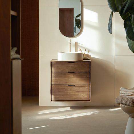 Meuble de salle de bain en noyer massif 60 cm Senson (1/5)