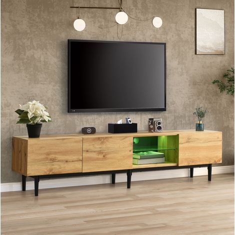 Meuble TV en bois 175 cm avec éclairage LED – 3 portes, cloison vitrée, charnières de sécurité – charge de 50 kg, Naturel (1/5)