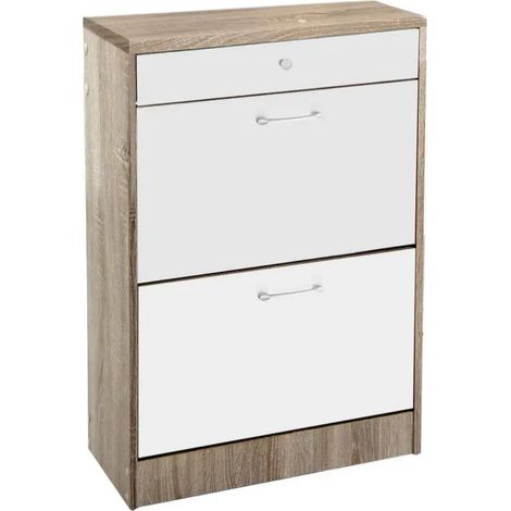 Schuhschrank Atena 60 x 24 x 91 cm in Bicolor Holzoptik und Weiß mit zwei Klappen und oberem Schubfach