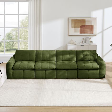 Canapé fixe, droit, modulaire, en tissu chenille, vert, 334 x 97 x 68 cm (1/4)