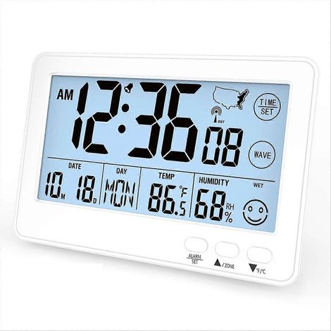 Petit réveil automatique de bureau pour chambre à coucher, horloge à réglage automatique de l'heure et de la date avec fuseau horaire, affichage de la température et de l'humidité. (1/5)