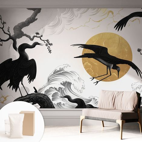 Papier peint intissé pour salon chambre à coucher peint imprimé Installation facile - Colle incluse gratuite Grues noires 312x219 cm (1/5)