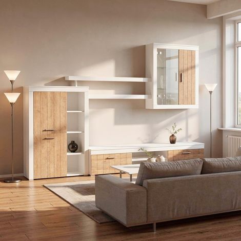 Parete Attrezzata Da Soggiorno Salotto Moderna Con Ante Mensole Vani A Giorno Vetrinetta Mobile TV Design Moderno Moduli Sospesi 293 x 193 x 50 Cm Bianco E Noce - Colore: Bianco e Noce