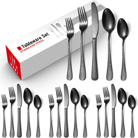 Ménagère 24 Pièces Couverts en Inox pour 4 Personnes – Design Martelé, Acier Inoxydable Alimentaire, Set Fourchettes Couteaux Cuillères, Compatible Lave-Vaisselle, Noir