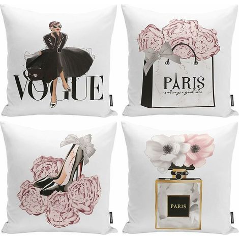 Lot de 4 housses de coussin tendance pour femme - Décoration de chambre de fille - Fleurs roses - Art moderne - Parfum - Sacs à main - Talons hauts - 45,7 x 45,7 cm (1/5)