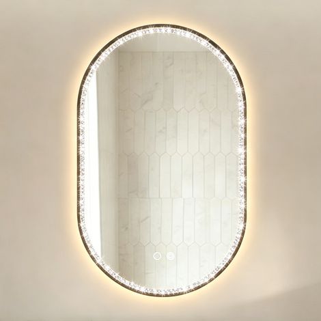 Miroir de salle de bain ovale 50×80 cm avec éclairage LED, fonction antibuée, 3 températures de couleur réglables et luminosité ajustable, orné de diamants et d'un cadre noir. (1/5)