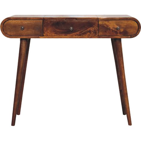 Coiffeuse en bois massif marron foncé avec miroir. Ce modèle comprend trois tiroirs offrant un espace de rangement généreux pour les vêtements, les accessoires ou les fournitures de bureau.