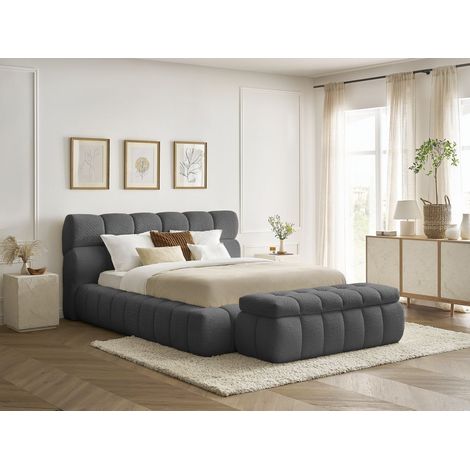 BOBOCHIC - Lit coffre MONT-BLANC + Bout de lit MONT-BLANC tissu bouclette  140x190 + bout de lit 140 Gris foncé (1/5)