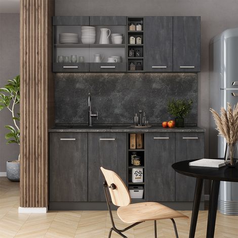 Cuisine R-Line, Noir Béton/Anthracite, 160 cm sans plan de travail, Vicco