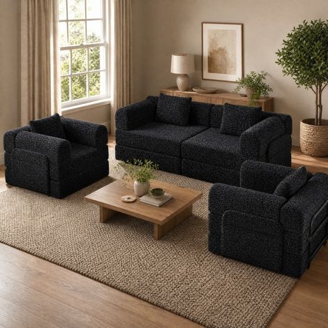 Sofá cama 2 en 1 de chenilla negra con almacenamiento en el reposabrazos y módulos combinables (1/5)