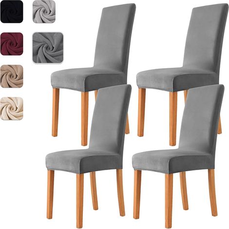 Housses de chaise en velours extensible, 4 pièces, universelles, pour salle à manger, cuisine, salon, gris foncé (1/5)
