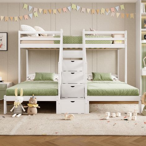 Lit mezzanine 90x200 cm,lit enfant 3 places avec tiroirs et garde-corps, certifié EN 747, en bois de pin, blanc, sans matelas (1/5)