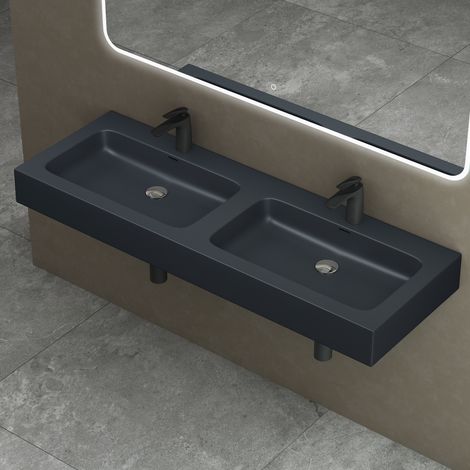doporro Double Lavabo à Poser Gris Noir Mat 141cm Vasque pour 2 Lave Mains pour Salle de Bains 141x48x13 Colossum830 (1/5)