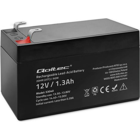 Batería Qoltec AGM  12V  1.3Ah  Sin mantenimiento  Eficiente  Larga duración  Para UPS, básculas y cajas registradoras (1/5)