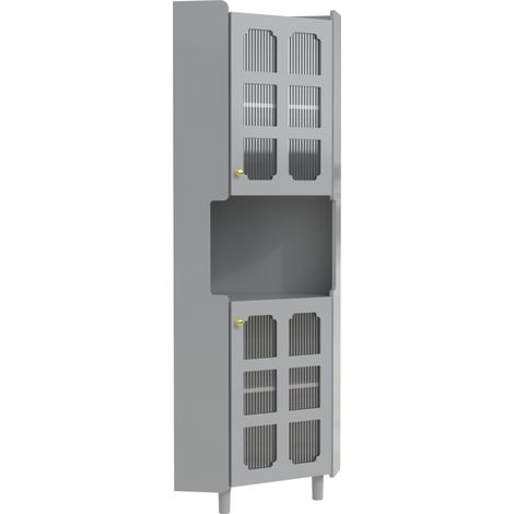 Armoire d’angle grise avec finition laquée et éclairage LED – commode d’angle multifonction pour salon, bibliothèque, salle de bain, chambre, salle à manger, panneau MDF avec surface laquée grise