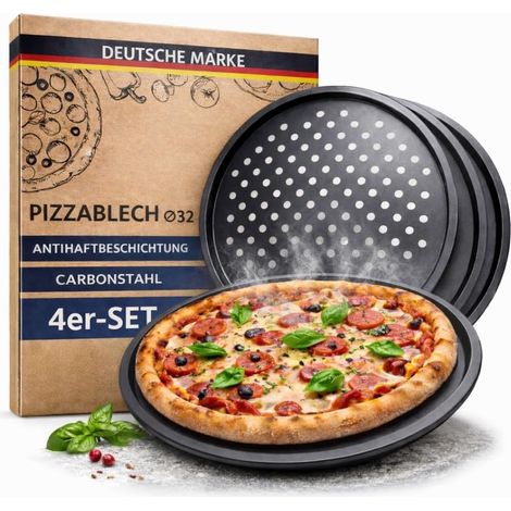 Lot de 4 Plaques à pizza, Acier perforé, Revêtement antiadhésif, Diamètre 32 cm, Cuisson four