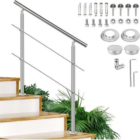 Rampe d'escalier en Acier Inoxydable, avec Anneau à Billes et 2 Poteaux, pour Escalier Balcon Terrasse - 80cm, avec 2 Crossbar