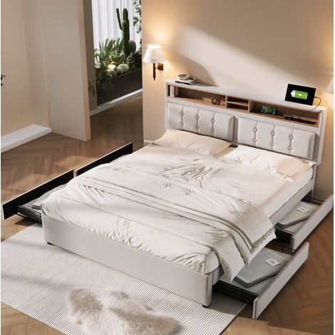 Letto imbottito moderno 160x200 cm in lino beige con testiera regolabile, 4 cassetti, vani testiera e presa USB/Type-C (1/5)